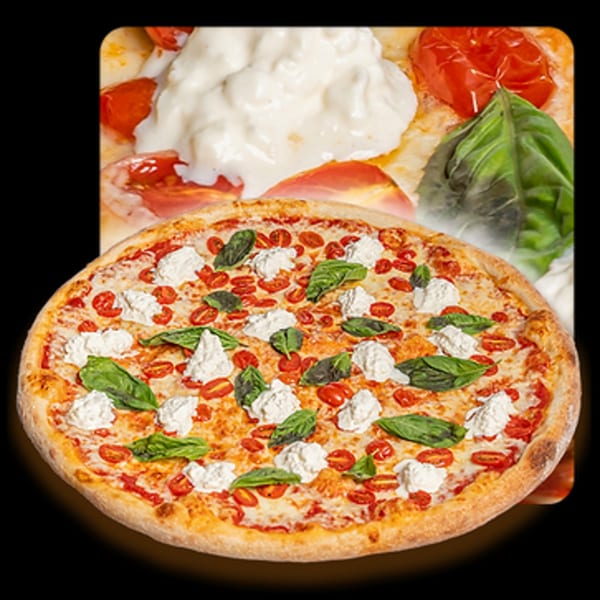 Golden Lizzard Pizza's Margherita pizza with cherry tomatoes, fresh basil, and dollops of ricotta cheese.