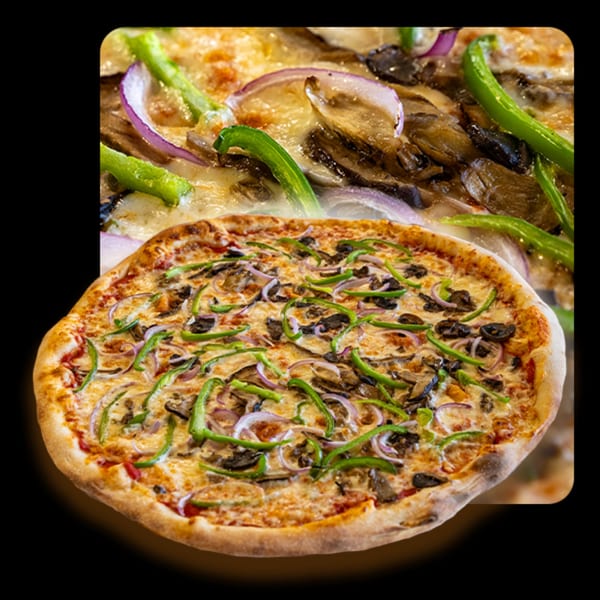 Golden Lizzard Pizza's vegetarian pizza with green peppers, red onions, and mushrooms.