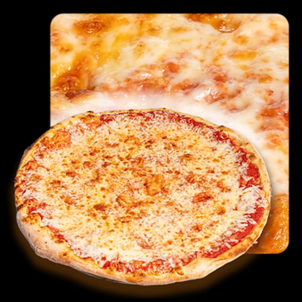 A Golden Lizzard Pizza cheese pizza with a close-up of melted cheese in the background.