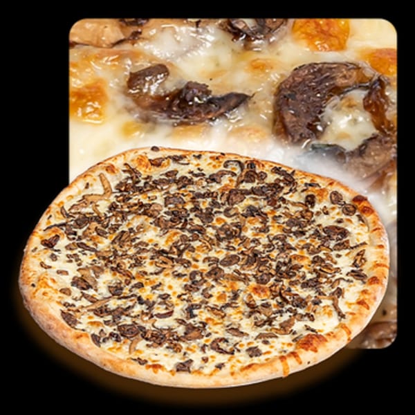 Golden Lizzard Pizza's mushroom pizza, with a close-up of melted cheese and mushrooms in the background.