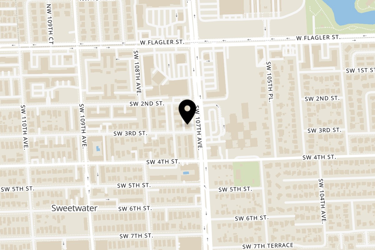 Map showing the location of Golden Lizzard Pizza on 296 SW 107th Ave in Miami